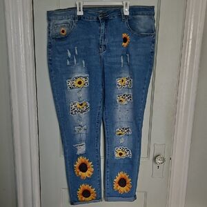 Sunflower/ Leopard Embellished Distressed Blue Jeans- 2XL